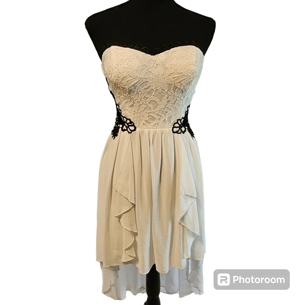 Jodi Kristopher Black White Lace Sheer Crochet Formal Asymmetrical Dress Sz 3 - Picture 13 of 16